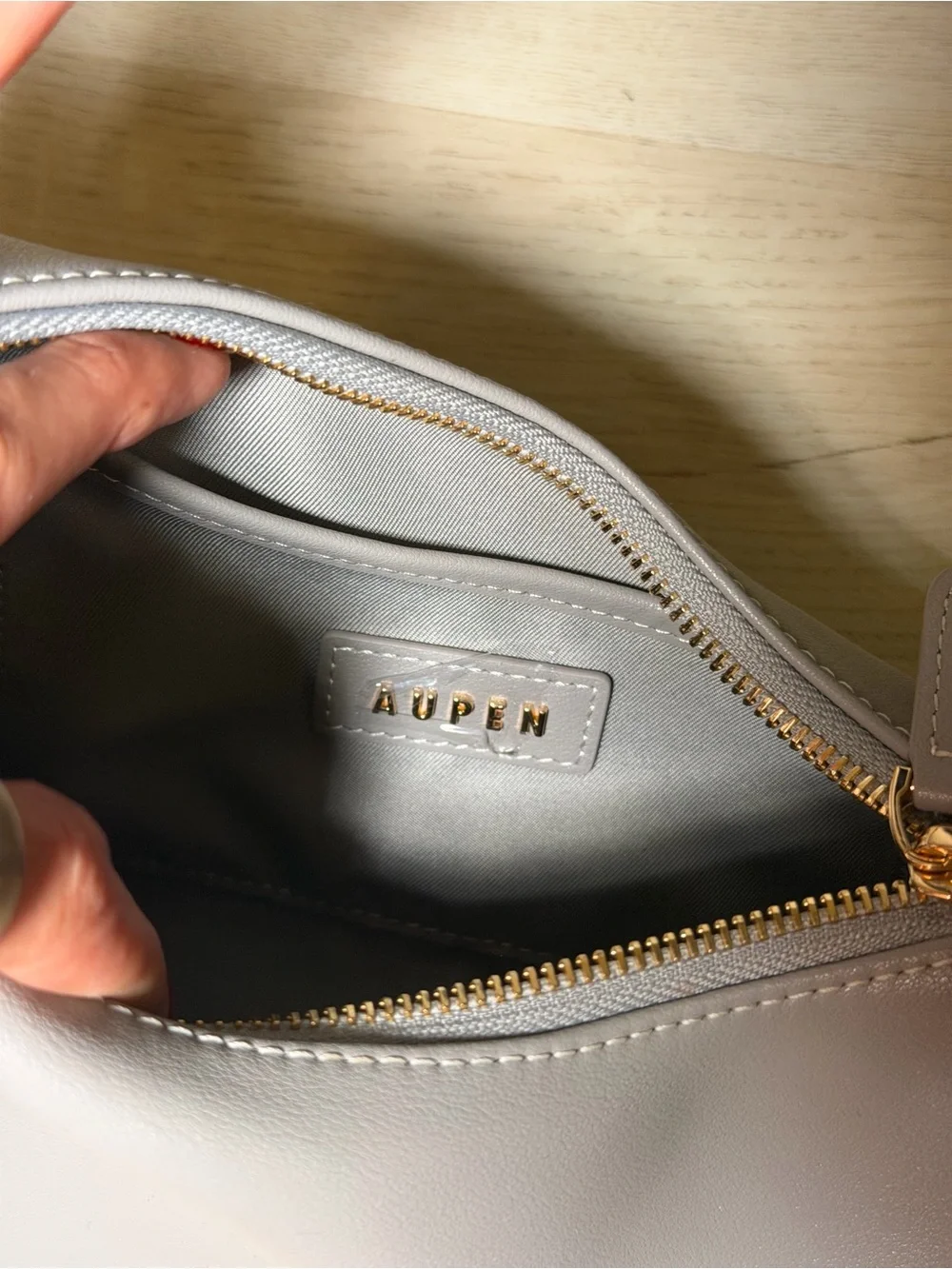 Aupem Soft Gray Braided-Handle Shoulder Bag with Gold Accents